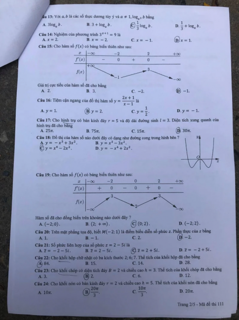 Thi THPTQG 2020: Đề thi và đáp án môn Toán mã đề 111