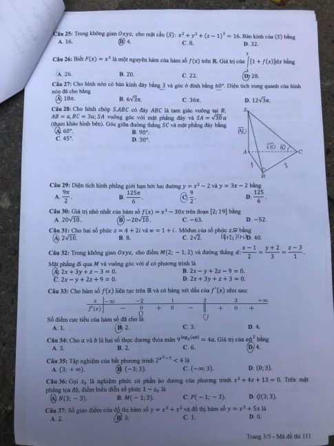 Thi THPTQG 2020: Đề thi và đáp án môn Toán mã đề 111