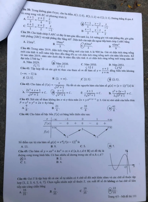 Thi THPTQG 2020: Đề thi và đáp án môn Toán mã đề 111