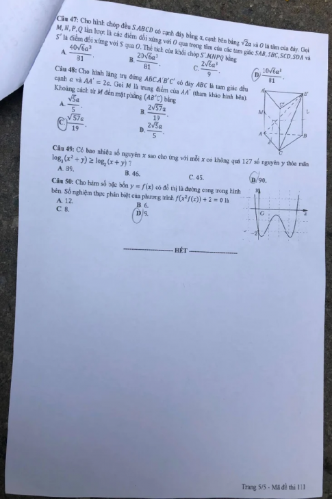 Thi THPTQG 2020: Đề thi và đáp án môn Toán mã đề 111