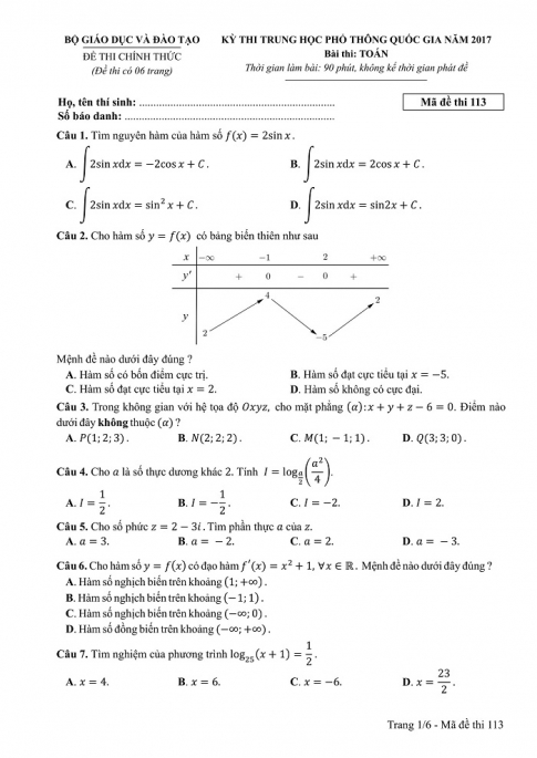 Đề và đáp án môn Toán mã đề 113 thi THPT quốc gia năm 2017 - đáp án của bộ GD-ĐT