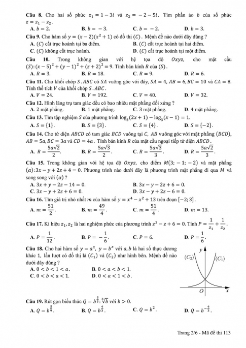 Đề và đáp án môn Toán mã đề 113 thi THPT quốc gia năm 2017 - đáp án của bộ GD-ĐT