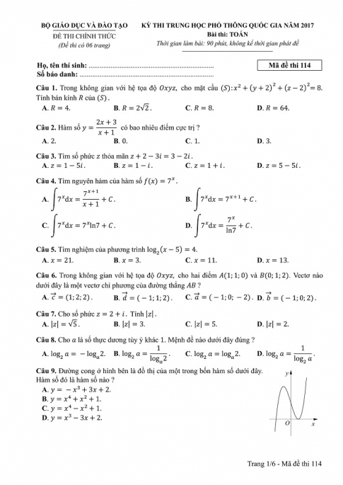 Đề và đáp án môn Toán mã đề 114 thi THPT quốc gia năm 2017 - đáp án của bộ GD-ĐT