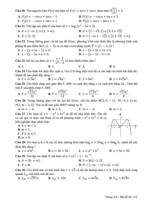Đề và đáp án môn Toán mã đề 114 thi THPT quốc gia năm 2017 - đáp án của bộ GD-ĐT