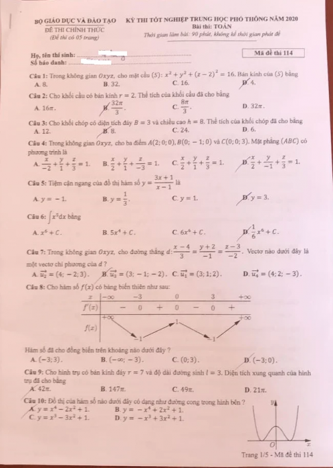 Thi THPTQG 2020: Đề thi và đáp án môn Toán mã đề 114