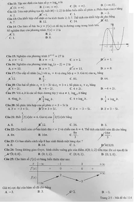 Thi THPTQG 2020: Đề thi và đáp án môn Toán mã đề 114