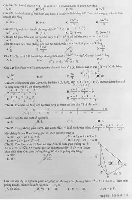 Thi THPTQG 2020: Đề thi và đáp án môn Toán mã đề 114
