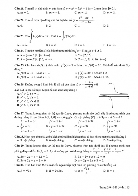 Đề và đáp án môn Toán mã đề 115 thi THPT quốc gia năm 2017 - đáp án của bộ GD-ĐT