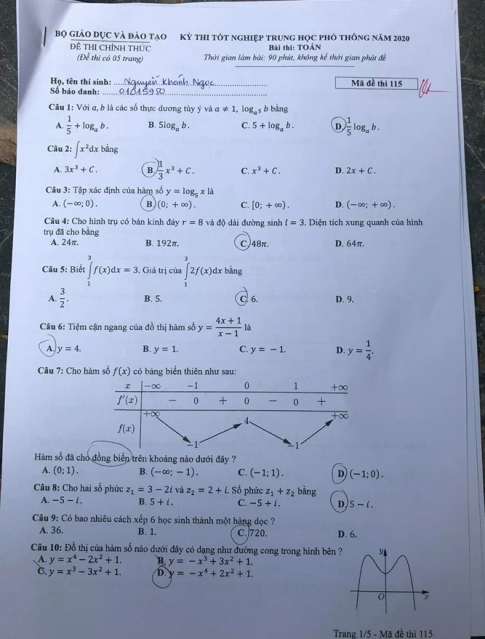 Thi THPTQG 2020: Đề thi và đáp án môn Toán mã đề 115