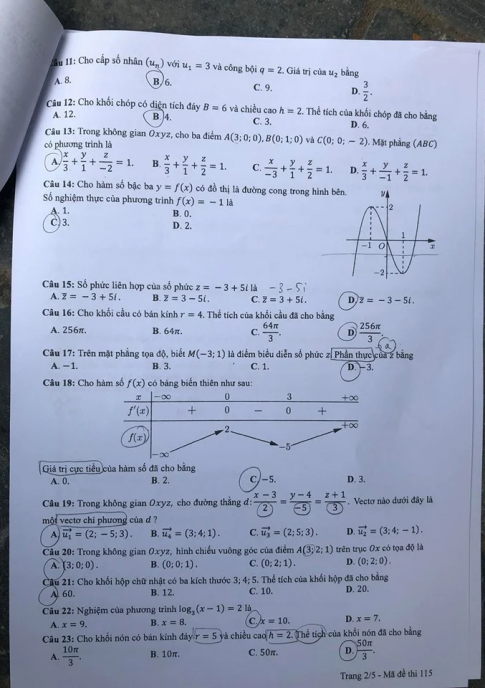 Thi THPTQG 2020: Đề thi và đáp án môn Toán mã đề 115