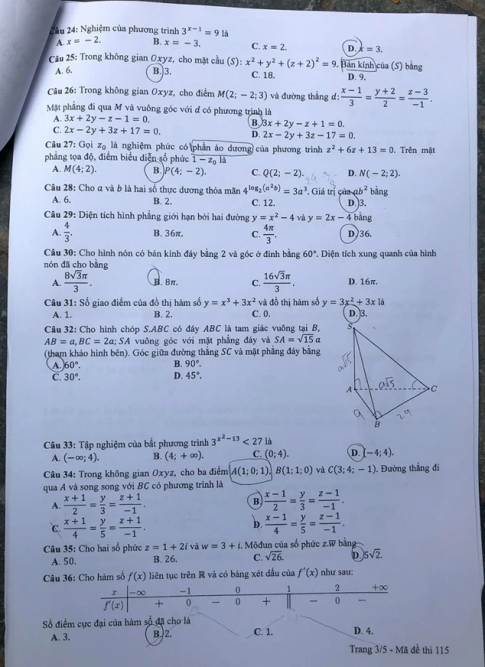 Thi THPTQG 2020: Đề thi và đáp án môn Toán mã đề 115