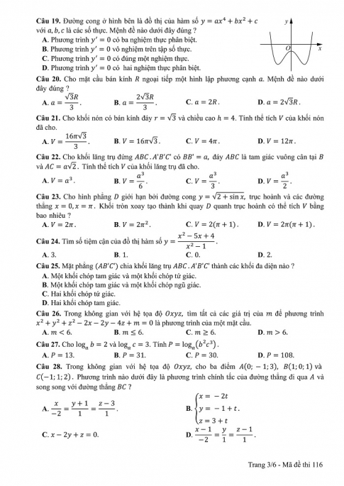 Đề và đáp án môn Toán mã đề 116 thi THPT quốc gia năm 2017 - đáp án của bộ GD-ĐT