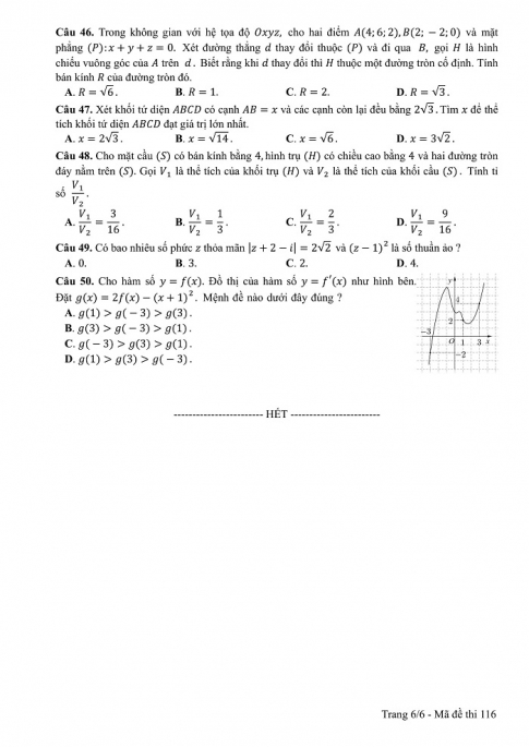 Đề và đáp án môn Toán mã đề 116 thi THPT quốc gia năm 2017 - đáp án của bộ GD-ĐT