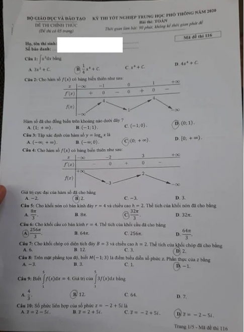 Thi THPTQG 2020: Đề thi và đáp án môn Toán mã đề 116