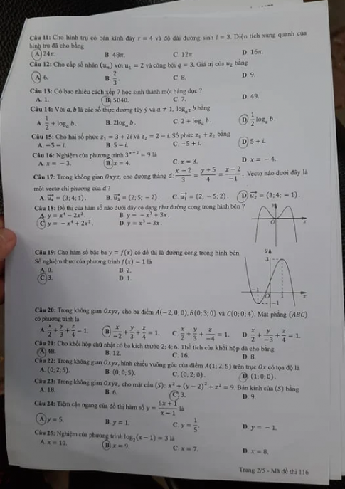 Thi THPTQG 2020: Đề thi và đáp án môn Toán mã đề 116
