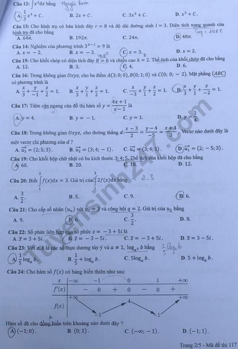 Thi THPTQG 2020: Đề thi và đáp án môn Toán mã đề 117