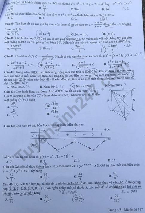 Thi THPTQG 2020: Đề thi và đáp án môn Toán mã đề 117