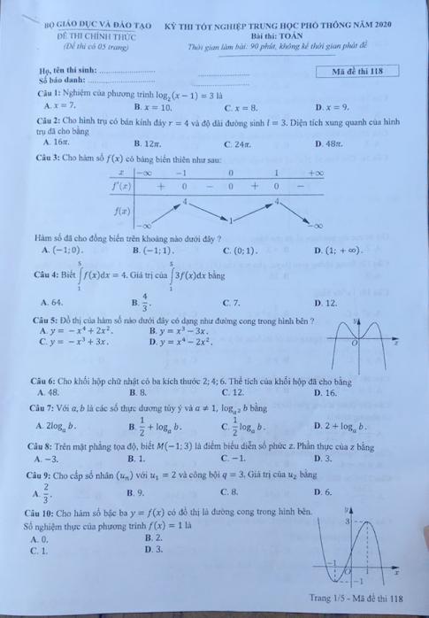 Thi THPTQG 2020: Đề thi và đáp án môn Toán mã đề 118