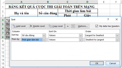 Câu 5: Nêu các bước thực hiện sắp xếp dữ liệu trong bảng tính ở hình dưới đây với tiêu chí: dữ liệu giảm dần ở cột Số câu đúng và tăng dần ở các cột Phút, Giây.