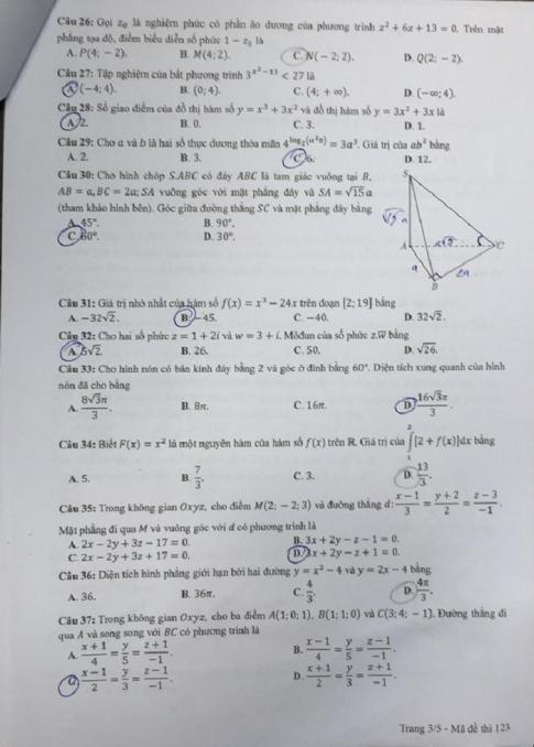 Thi THPTQG 2020: Đề thi và đáp án môn Toán mã đề 123