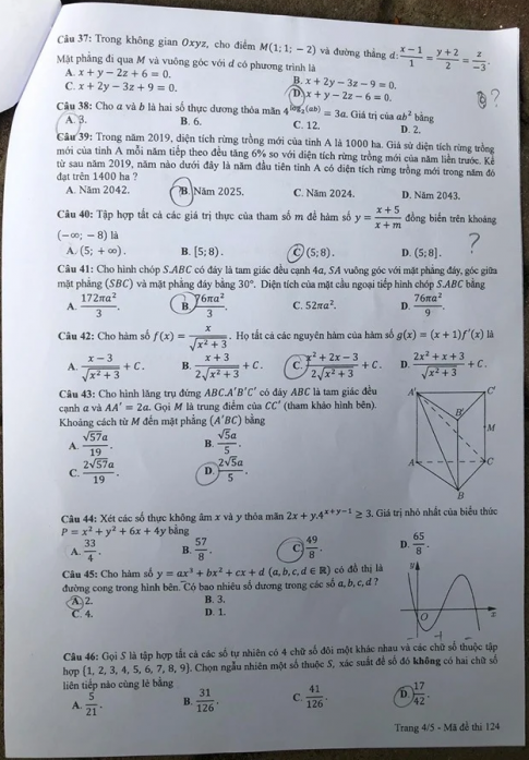 Thi THPTQG 2020: Đề thi và đáp án môn Toán mã đề 124