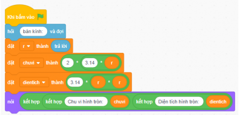 Câu 3: Em hãy sử dụng ngôn ngữ lập trình trực quan để viết chương trình tính chu vi đường tròn, diện tích hình tròn với giá trị của bán kính được nhập vào từ bàn phím, thông báo kết quả ra màn hình.