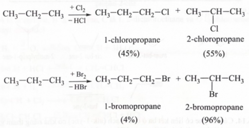 Monochlorine hóa propane (có chiếu sáng, ở 25 °C), thu được 45% 1-chloropropane và 55% 2-chloropropane; còn monobromine hóa propane (có chiếu sáng và đun nóng đến 127 °C), thu được 4% 1-bromopropane và 96% 2-bromopropane. Dựa trên các kết quả thực nghiệm này, hãy nhận xét về:  (a) quan hệ giữa khả năng tham gia phản ứng thế của alkane và bậc của carbon;  (b) khả năng phản ứng của các halogen và tính chọn lọc vị trí thế của các halogen.