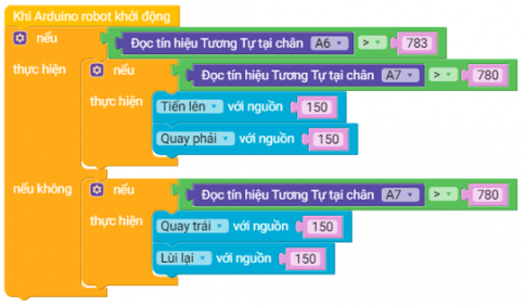 Sử dụng cảm biến hồng ngoại, em hãy lập trình để robot di chuyển theo vạch đen trên nền nhà màu sáng