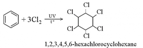 Nhận xét nào sau đây không đúng đối với phản ứng cộng chlorine vào benzene?  A. Khó hơn phản ứng cộng chlorine vào ethylene.  B. Xảy ra với điều kiện ánh sáng tử ngoại và đun nóng.  C. Sản phẩm thu được là 1,2,3,4,5,6-hexachlorocyclohexane.  D. Tỉ lệ mol của các chất tham gia phản ứng là 1:1.