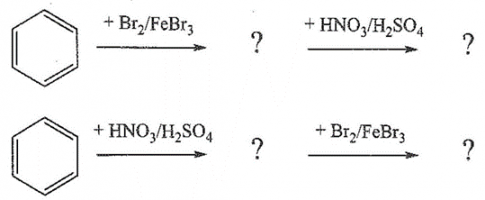 Biết nhóm thế -Br trên vòng benzene định hướng thế ưu tiên các vị trí ortho và para, còn nhóm thế -NO2 trên vòng benzene định hướng thế vào vị trí meta. Hãy xác định cấu tạo và tên gọi của các chất còn thiếu trong mỗi sơ đồ chuyển hoá sau đây (mỗi phản ứng chỉ xảy ra một lần thế và các chất còn thiếu là sản phẩm chính của phản ứng).