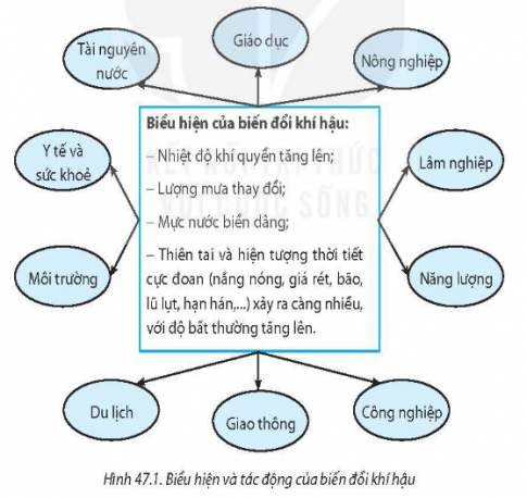 Từ các biểu hiện chủ yếu của biến đổi khí hậu, hãy nêu tác động của nó đối với một số ngành và lĩnh vực chính (Hình 47.1).