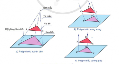  Em hãy quan sát hình dưới đây và cho biết tia chiếu ở các phép chiếu khác nhau như thế nào?