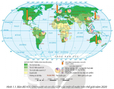 Câu 2: Quan sát Hình 1.1. Bản đồ HDI, GNI/người và cơ cấu GDP của một số nước trên thế giới năm 2020 và kể tên các quốc gia có chỉ số HDI từ 0,8 trở lên trên thế giới.