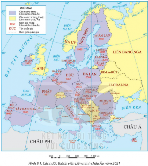  Quan sát Hình 9.1. Các nước thành viên Liên minh châu Âu năm 2021 và kể tên ít nhất 5 quốc gia là thành viên của Liên minh châu Âu.
