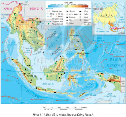  Quan sát Hình 11.1. Bản đồ tự nhiên khu vực Đông Nam Á và kể tên các biển thuộc khu vực này.