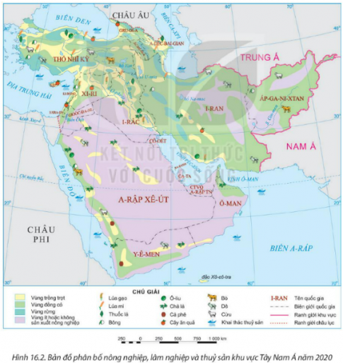  Quan sát Hình 16.2. Bản đồ phân bố nông nghiệp, lâm nghiệp và thủy sản khu vực Tây Nam Á năm 2020 và kể tên những quốc gia trồng cây chà là trong khu vực.