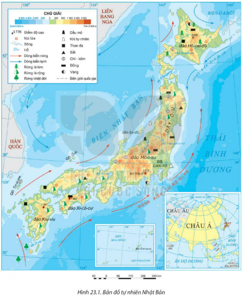  Quan sát Hình 23.1. Bản đồ tự nhiên Nhật Bản và kể tên các đảo thuộc đất nước này.