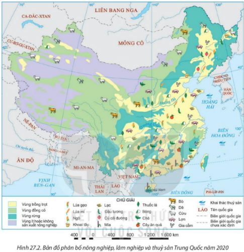  Quan sát hình 27.2. Bản đồ phân bố nông nghiệp, lâm nghiệp và thủy sản Trung Quốc năm 2020 và kể tên những cây trồng ở phía đông nam của Trung Quốc.