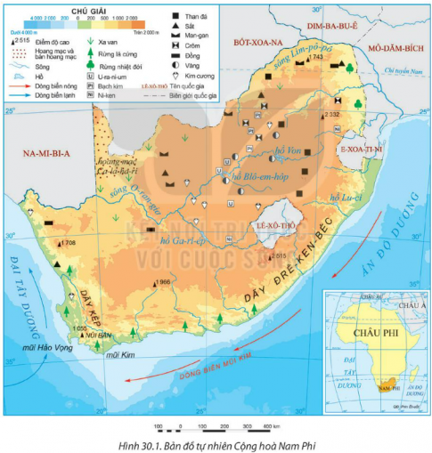 Quan sát Hình 30.1. Bản đồ tự nhiên Cộng hòa Nam Phi và kể tên các dãy núi thuộc đất nước này.