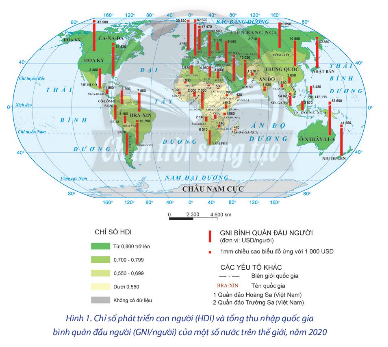  Quan sát Bản đồ chỉ số phát triển con người (HDI) và tổng thu nhập quốc gia bình quân đầu người (GNI/người) của một số nước trên thế giới năm 2020 dưới đây và kể tên các quốc gia có chỉ số HDI từ 0,8 trở lên trên thế giới.