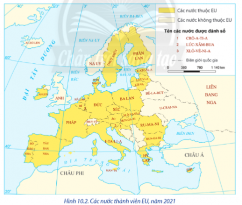  Quan sát hình bên về Các nước thành viên EU năm 2021 và kể tên ít nhất 5 quốc gia là thành viên của Liên minh châu Âu. 