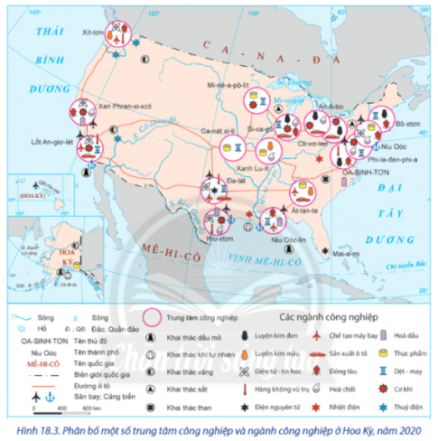  Quan sát Bản đồ phân bố một số trung tâm công nghiệp và ngành công nghiệp ở Hoa Kỳ năm 2020 và kể tên những trung tâm công nghiệp có ngành điện tử - tin học của Hoa Kỳ. 