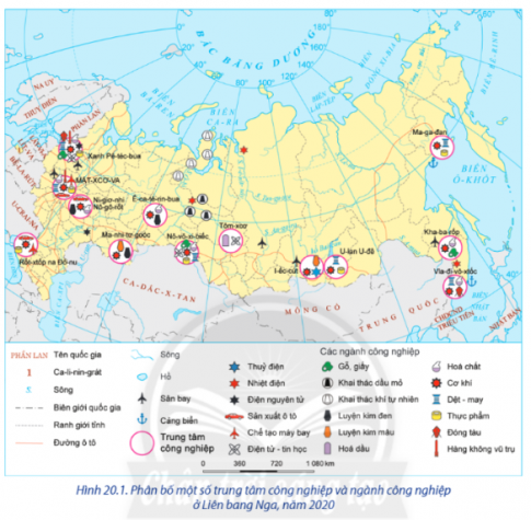  Quan sát Bản đồ phân bố một số trung tâm công nghiệp và ngành công nghiệp Liên bang Nga năm 2020 và kể tên những trung tâm công nghiệp có ngành công nghiệp cơ khí của Liên bang Nga. 