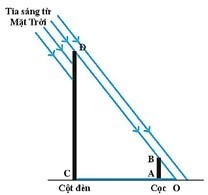 Vào một ngày trời nắng, cùng một lúc người ta quan sát thấy một cái cọc cao 1m để thẳng đứng có một cái bóng trên mặt đất dài 0,6 m và một các cột đèn có bóng dài 4,5 m. Hãy dùng hình vẽ theo tỉ lệ 1 cm ứng với 1m để xác định chiều cao của cột đèn. Biết rằng các tia sáng Mặt Trời chiếu đều song song.