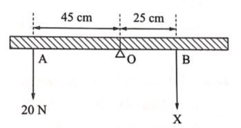 Một thanh đồng chất tì lên giá đỡ tại O và được giữ nằm cân bằng với hai lực đặt tại A và B như hình vẽ.