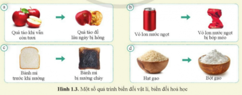 Quan sát hình 1.3 và cho biết quá trình nào diễn ra sự biến đổi vật lí, quá trình nào diễn ra sự biến đổi hóa học.