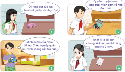 Quan sát tranh và cho biết bạn nào tôn trọng tài sản của người khác, bạn nào chưa tôn trọng tài sản của người khác?