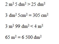 2 m2 5 dm2 > 25 dm2   3 dm2 5cm2 = 305 cm2   3 m2 99 dm2 < 4 m2  65 m2 = 6 500 dm2