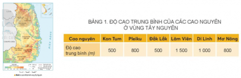 Đọc thông tin bảng 1 và quan sát hình 3, em hãy kể tên và chỉ trên lược đồ vị trí các cao nguyên ở vùng Tây Nguyên. Cho biết độ cao trung bình của các cao nguyên đó.