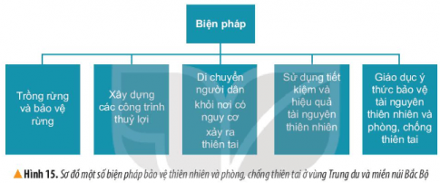 Đọc thông tin và sơ đồ hình 15, em hãy nêu một số biện pháp góp phần bảo vệ thiên nhiên và phòng, chống thiên tai.